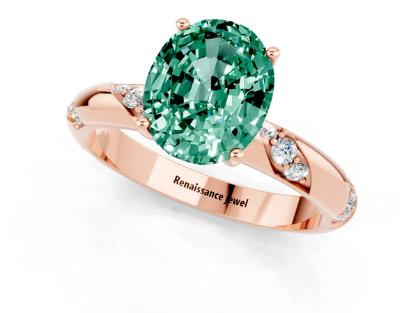 Rose gold Oval Cut Green Sapphire Solitaire Engagement Ring with Twisted Round  Accent Band and Prong Setting