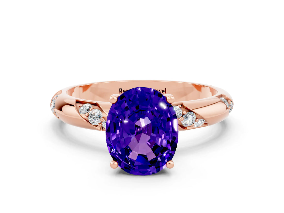 Rose gold Oval Cut Solitaire Diamond Engagement Ring with Twisted Pave Band and Four-Prong Setting