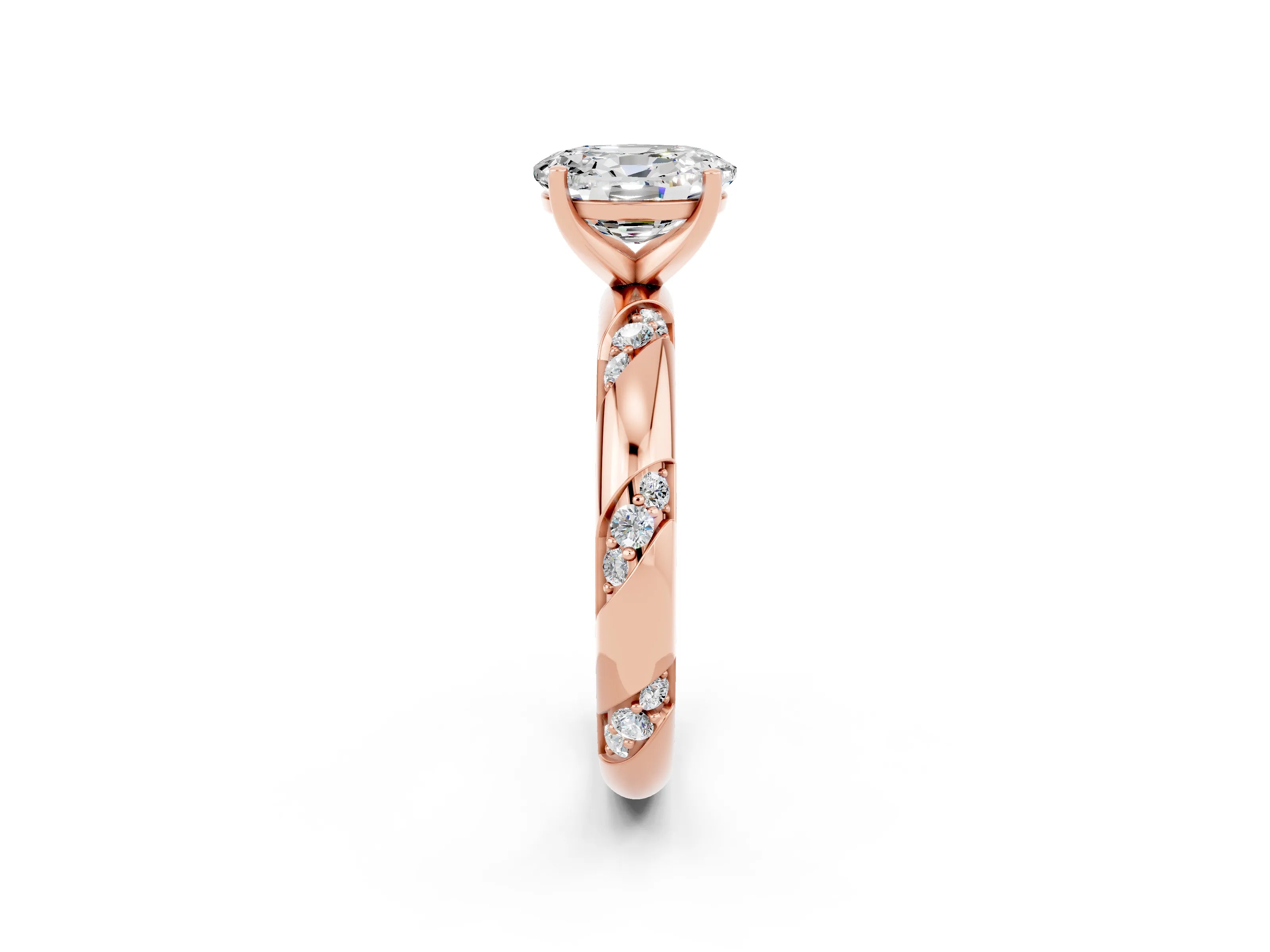 Rose gold Oval Cut Solitaire Diamond Engagement Ring with Twisted Pave Band and Four-Prong Setting_2