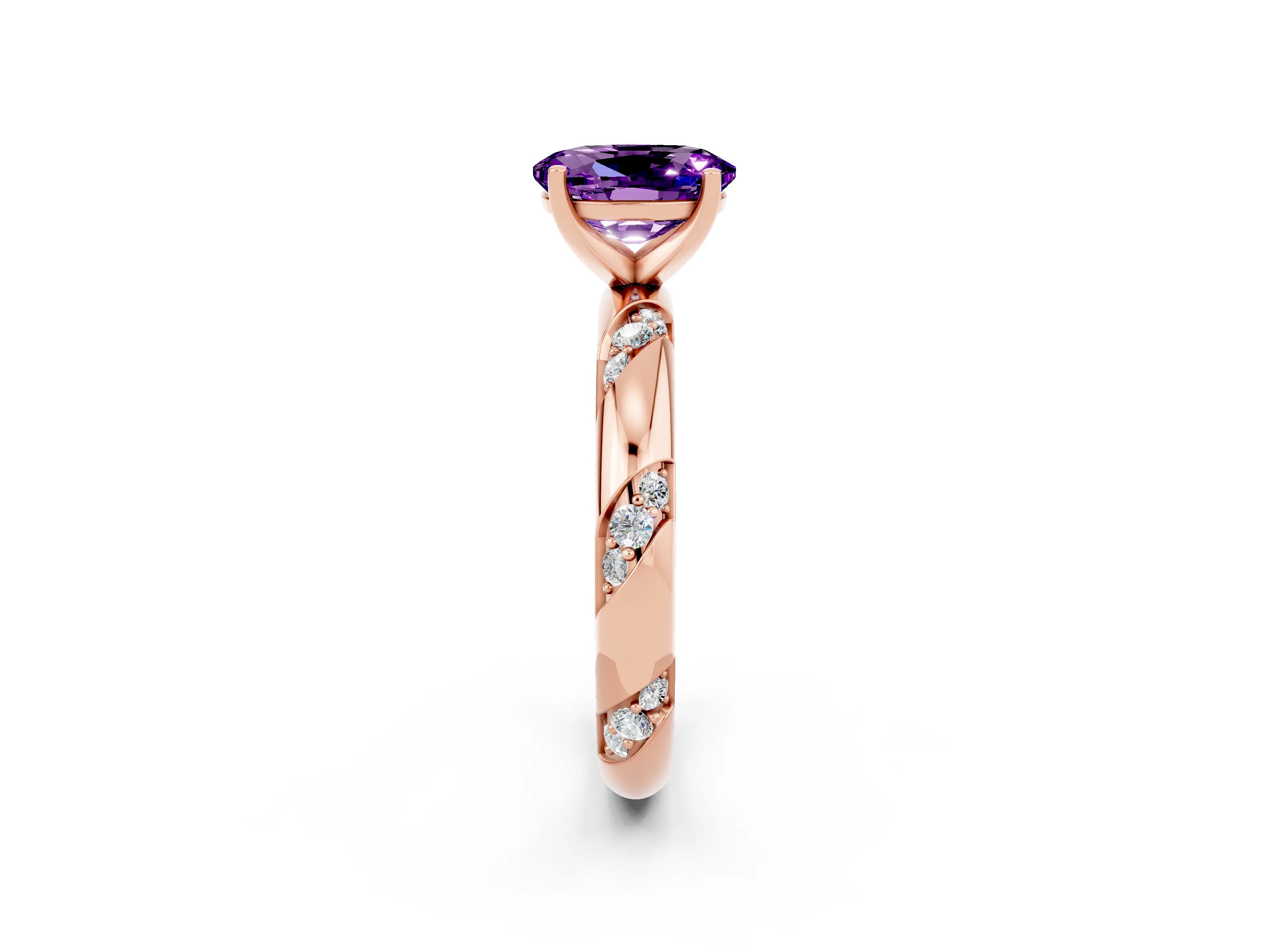 Rose gold Oval Cut Solitaire Diamond Engagement Ring with Twisted Pave Band and Four-Prong Setting_2