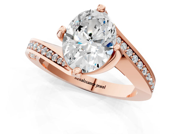 Rose Gold Oval Bypass Solitaire Engagement Ring Setting with Swirl Pave Band
