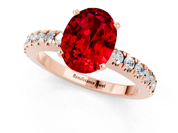 Rose gold Oval Cut Solitaire Ruby with Pavé Band and Four-Prong Setting