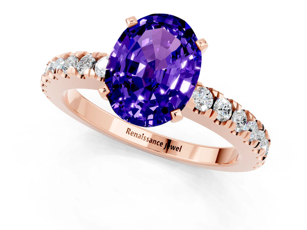 Rose gold Oval Cut Solitaire Tanzanite with Pavé Band and Four-Prong Setting
