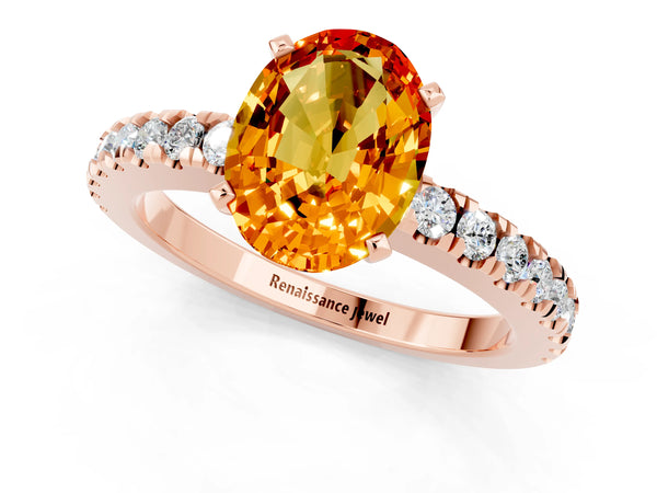 Rose gold Oval Cut Solitaire Citrine with Pavé Band and Four-Prong Setting