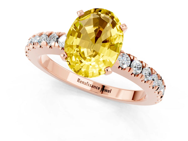 Rose gold Oval Cut Solitaire Yellow Sapphire with Pavé Band and Four-Prong Setting