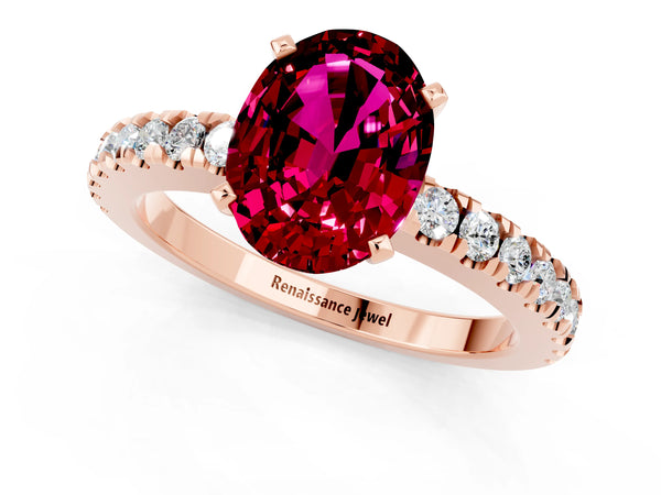 Rose gold Oval Cut Solitaire Garnet with Pavé Band and Four-Prong Setting
