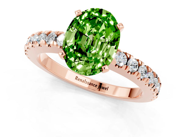 Rose gold Oval Cut Solitaire Peridot with Pavé Band and Four-Prong Setting