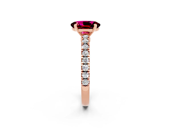 Rose gold Oval Cut Solitaire Garnet with Pavé Band and Four-Prong Setting