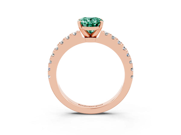 Rose gold Oval Cut Solitaire Green Sapphire with Pavé Band and Four-Prong Setting