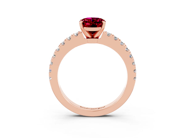 Rose gold Oval Cut Solitaire Garnet with Pavé Band and Four-Prong Setting