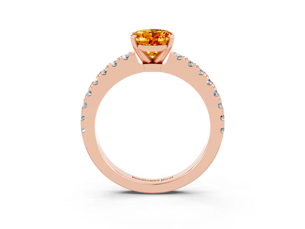 Rose gold Oval Cut Solitaire Citrine with Pavé Band and Four-Prong Setting