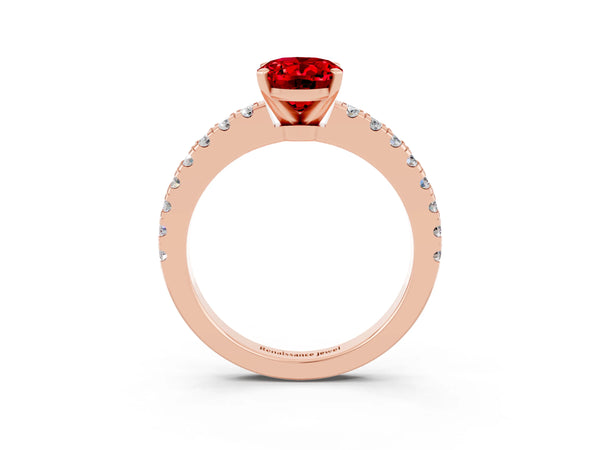 Rose gold Oval Cut Solitaire Ruby with Pavé Band and Four-Prong Setting