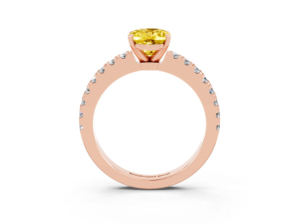 Rose gold Oval Cut Solitaire Yellow Sapphire with Pavé Band and Four-Prong Setting