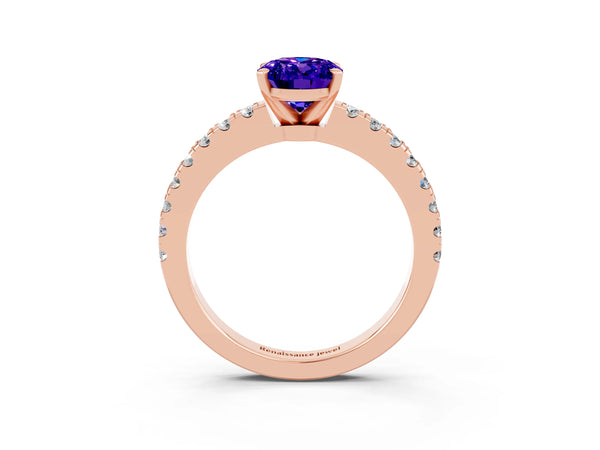 Rose gold Oval Cut Solitaire Tanzanite with Pavé Band and Four-Prong Setting