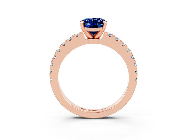 Rose gold Oval Cut Solitaire Blue Sapphire with Pavé Band and Four-Prong Setting