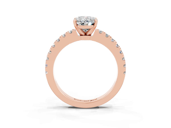 Rose gold Oval Cut Solitaire Moissanite with Pavé Band and Four-Prong Setting