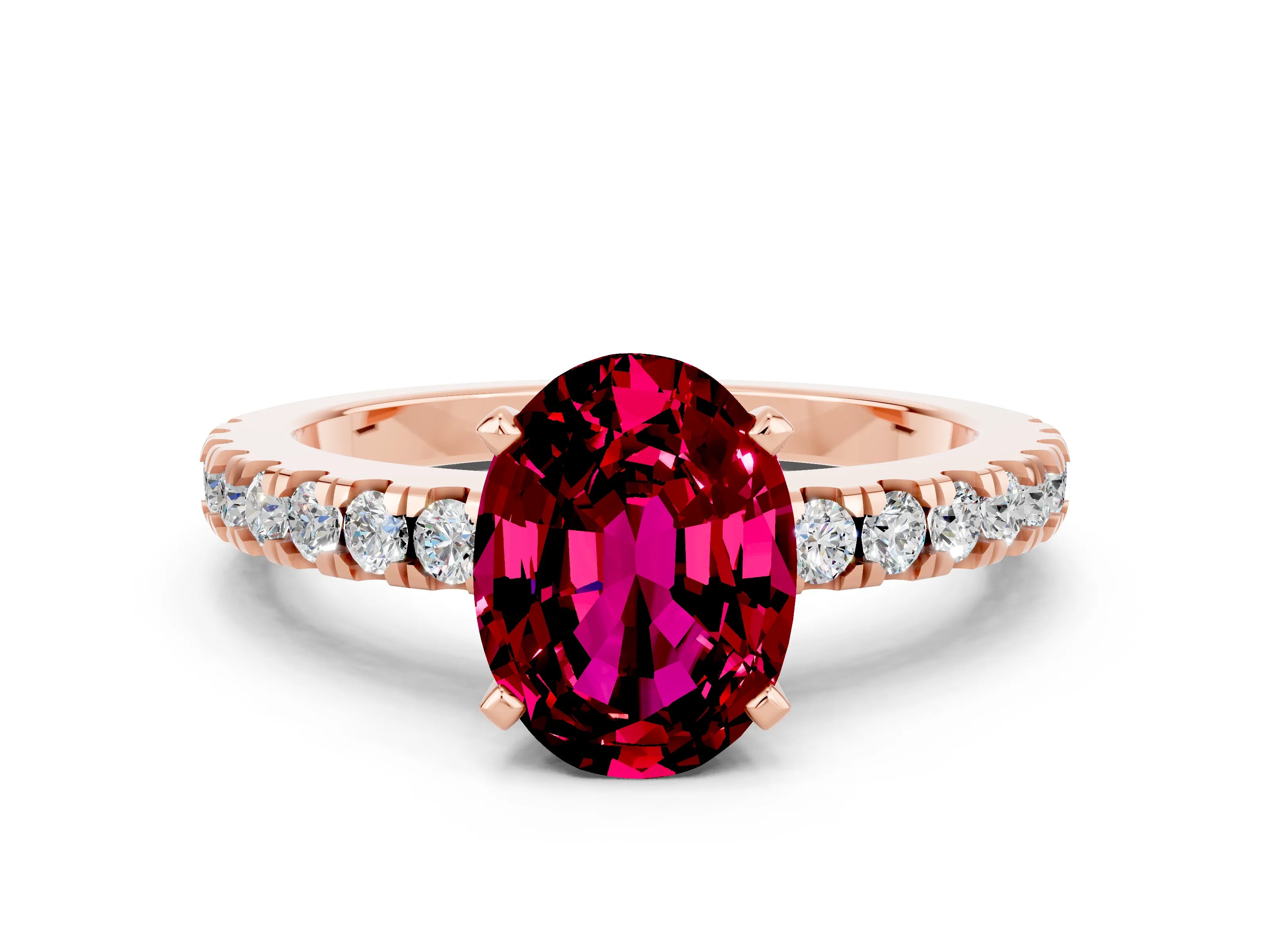 Rose gold Oval Cut Solitaire Diamond with Pavé Band and Four-Prong Setting
