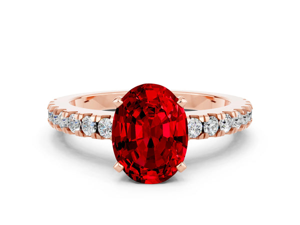 Rose gold Oval Cut Solitaire Ruby with Pavé Band and Four-Prong Setting