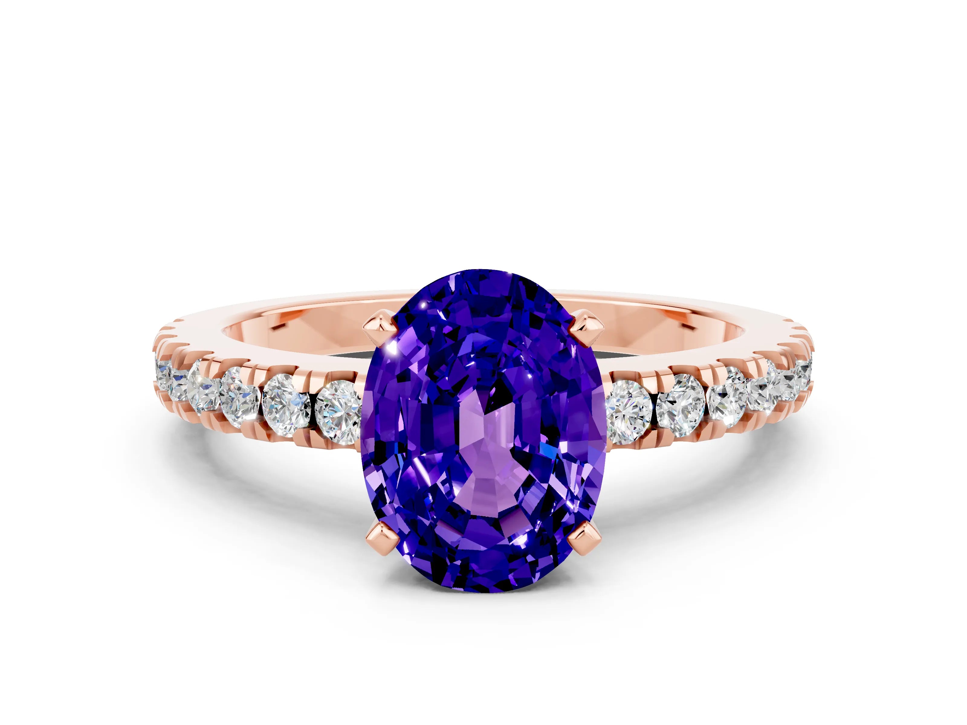 Rose gold Oval Cut Solitaire Diamond with Pavé Band and Four-Prong Setting