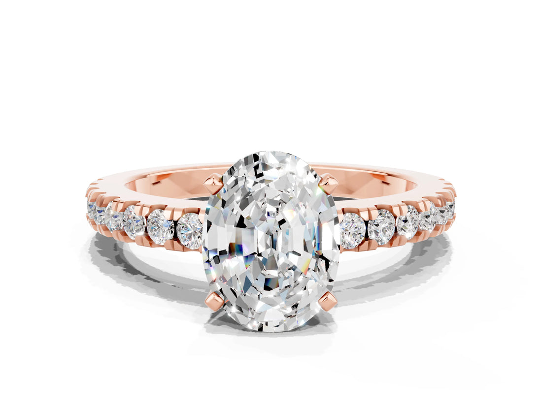Rose gold Oval Cut Solitaire Diamond with Pavé Band and Four-Prong Setting