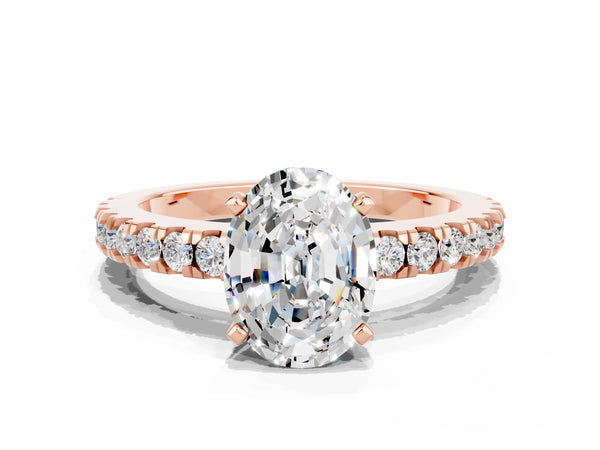 Rose gold Oval Cut Solitaire Moissanite with Pavé Band and Four-Prong Setting
