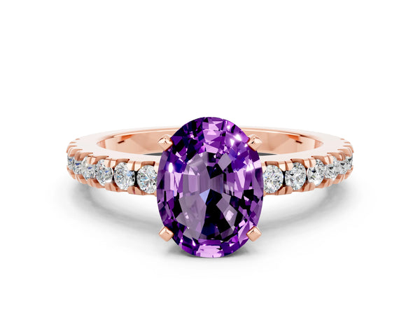 Rose gold Oval Cut Solitaire Amethyst with Pavé Band and Four-Prong Setting