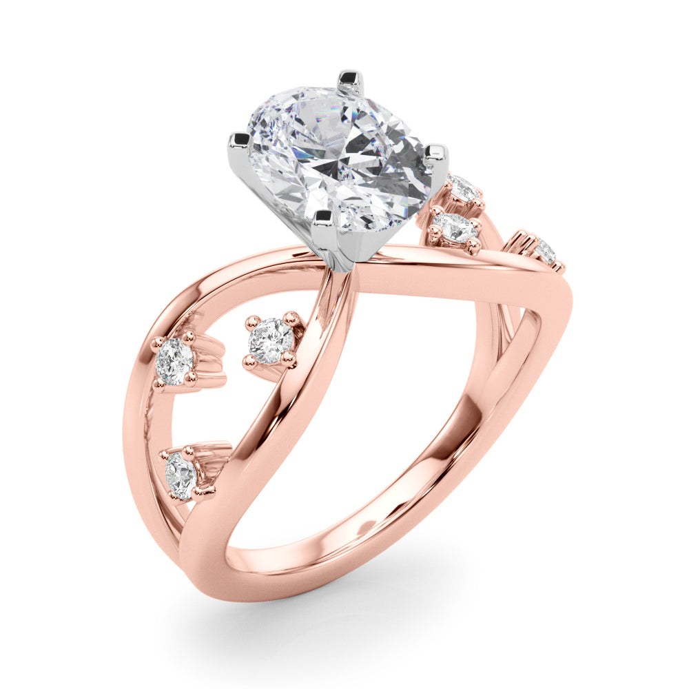Rose gold Oval Cut Solitaire Diamond with Side Stones on Criss-Cross Band and Four-Prong Setting 1