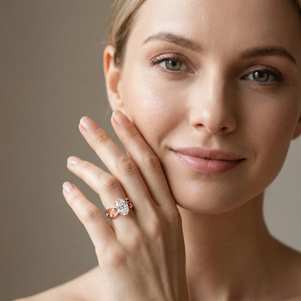 Rose gold Oval Cut Solitaire Diamond with Side Stones on Criss-Cross Band and Four-Prong Setting