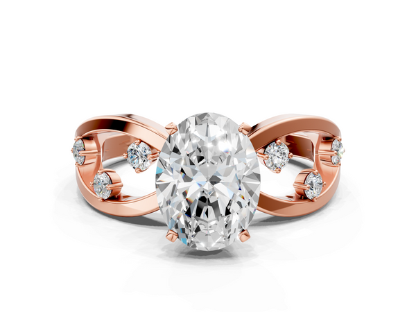 Rose gold Oval Cut Solitaire Diamond with Side Stones on Criss-Cross Band and Four-Prong Setting