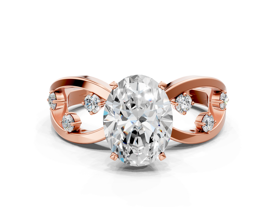 Rose gold Oval Cut Solitaire Diamond with Side Stones on Criss-Cross Band and Four-Prong Setting