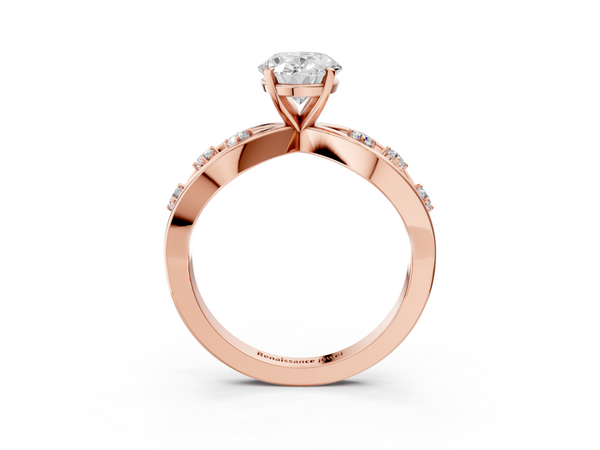 Rose gold Oval Cut Solitaire Diamond with Side Stones on Criss-Cross Band and Four-Prong Setting