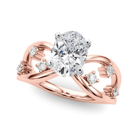 Rose gold Oval Cut Solitaire Diamond with Side Stones on Criss-Cross Band and Four-Prong Setting