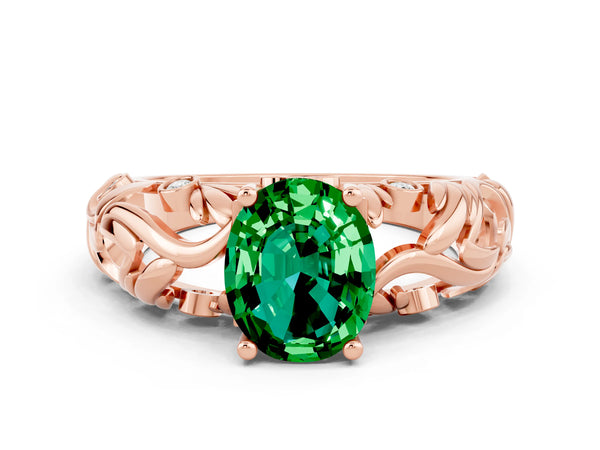 Rose gold Oval Cut Solitaire Emerald Leaf-Inspired Vine Band Ring with Prong Setting