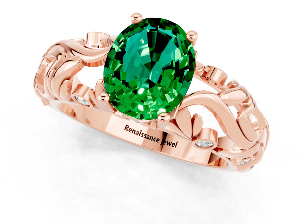 Rose gold Oval Cut Solitaire Emerald Leaf-Inspired Vine Band Ring with Prong Setting