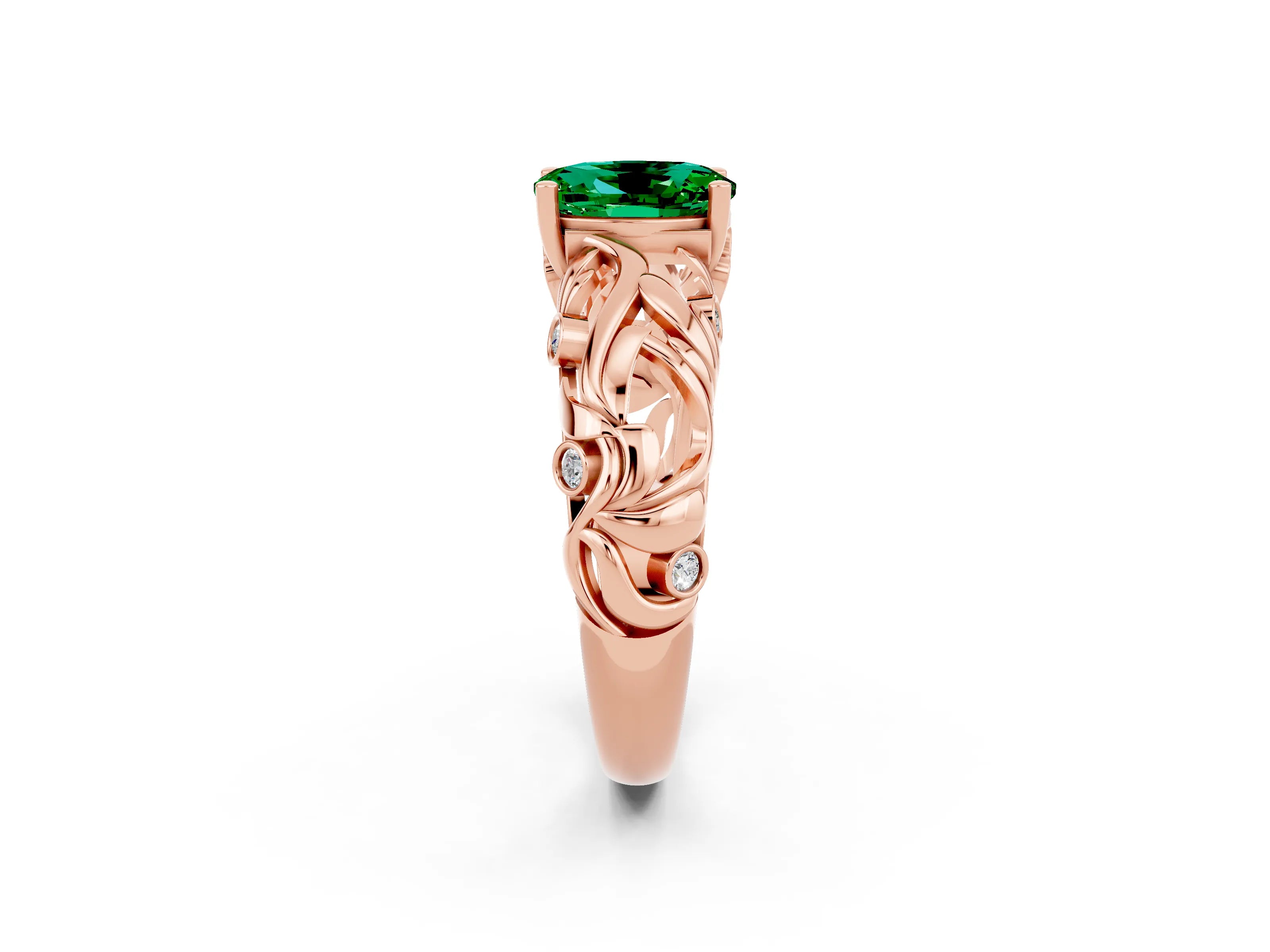 Rose gold Oval Cut Solitaire Emerald Leaf-Inspired Vine Band Ring with Prong Setting_2