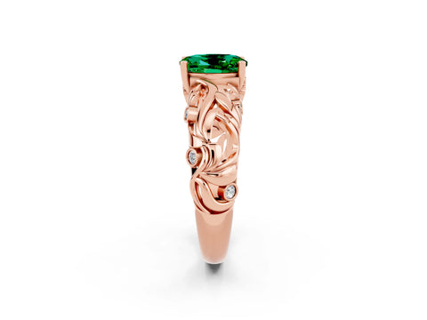 Rose gold Oval Cut Solitaire Emerald Leaf-Inspired Vine Band Ring with Prong Setting_2