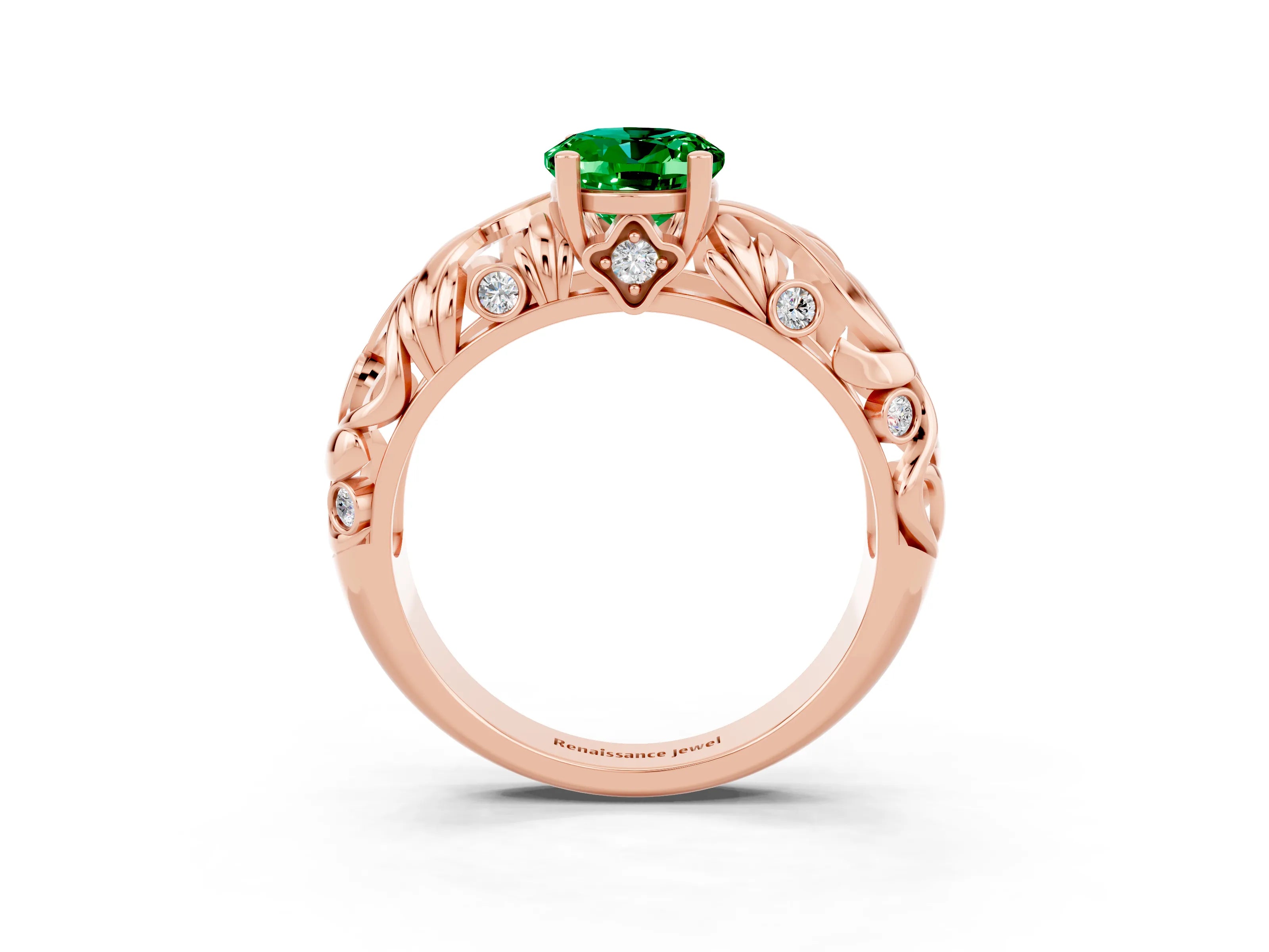Rose gold Oval Cut Solitaire Emerald Leaf-Inspired Vine Band Ring with Prong Setting_3