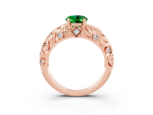 Rose gold Oval Cut Solitaire Emerald Leaf-Inspired Vine Band Ring with Prong Setting
