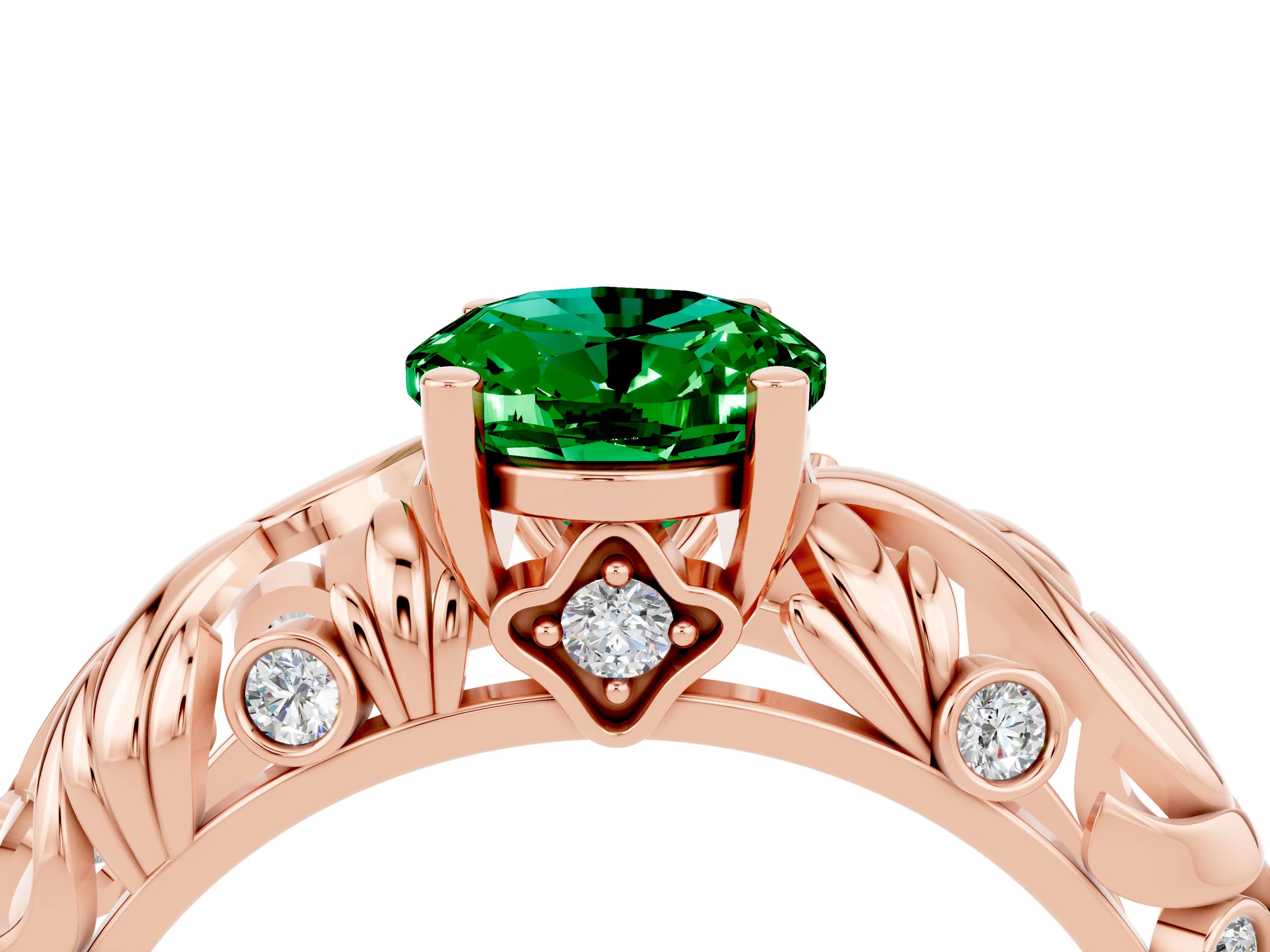 Rose gold Oval Cut Solitaire Emerald Leaf-Inspired Vine Band Ring with Prong Setting_4