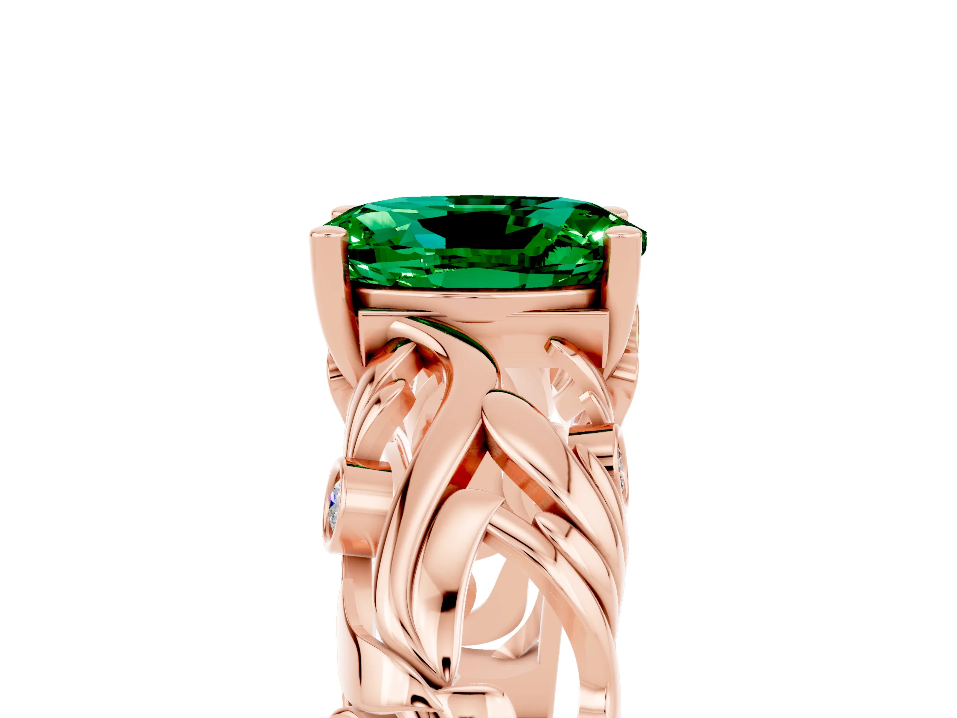 Rose gold Oval Cut Solitaire Emerald Leaf-Inspired Vine Band Ring with Prong Setting_5