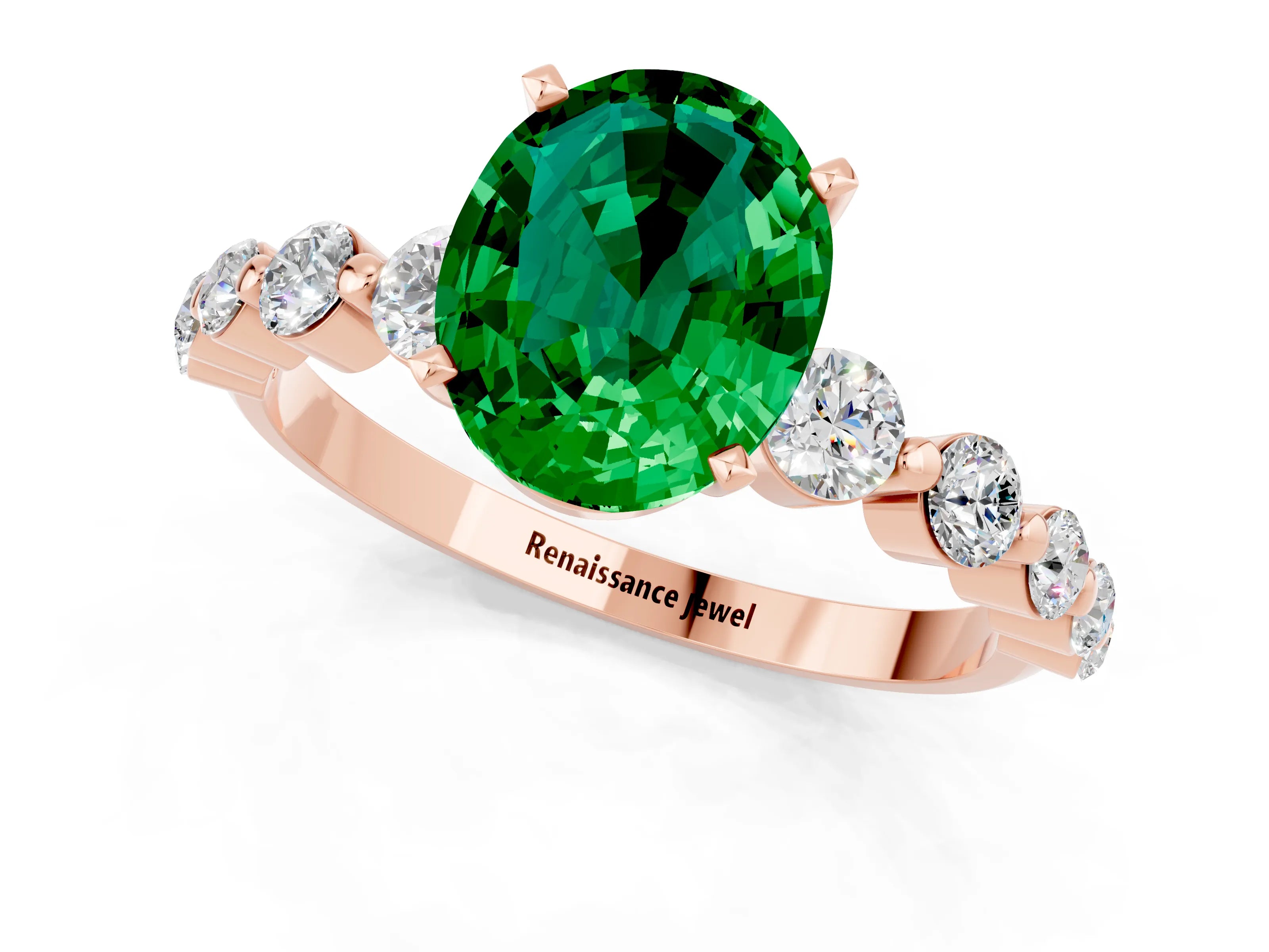 Rose gold Oval Cut Solitaire Emerald Ring with Pave Band and Four-Prong Setting_1