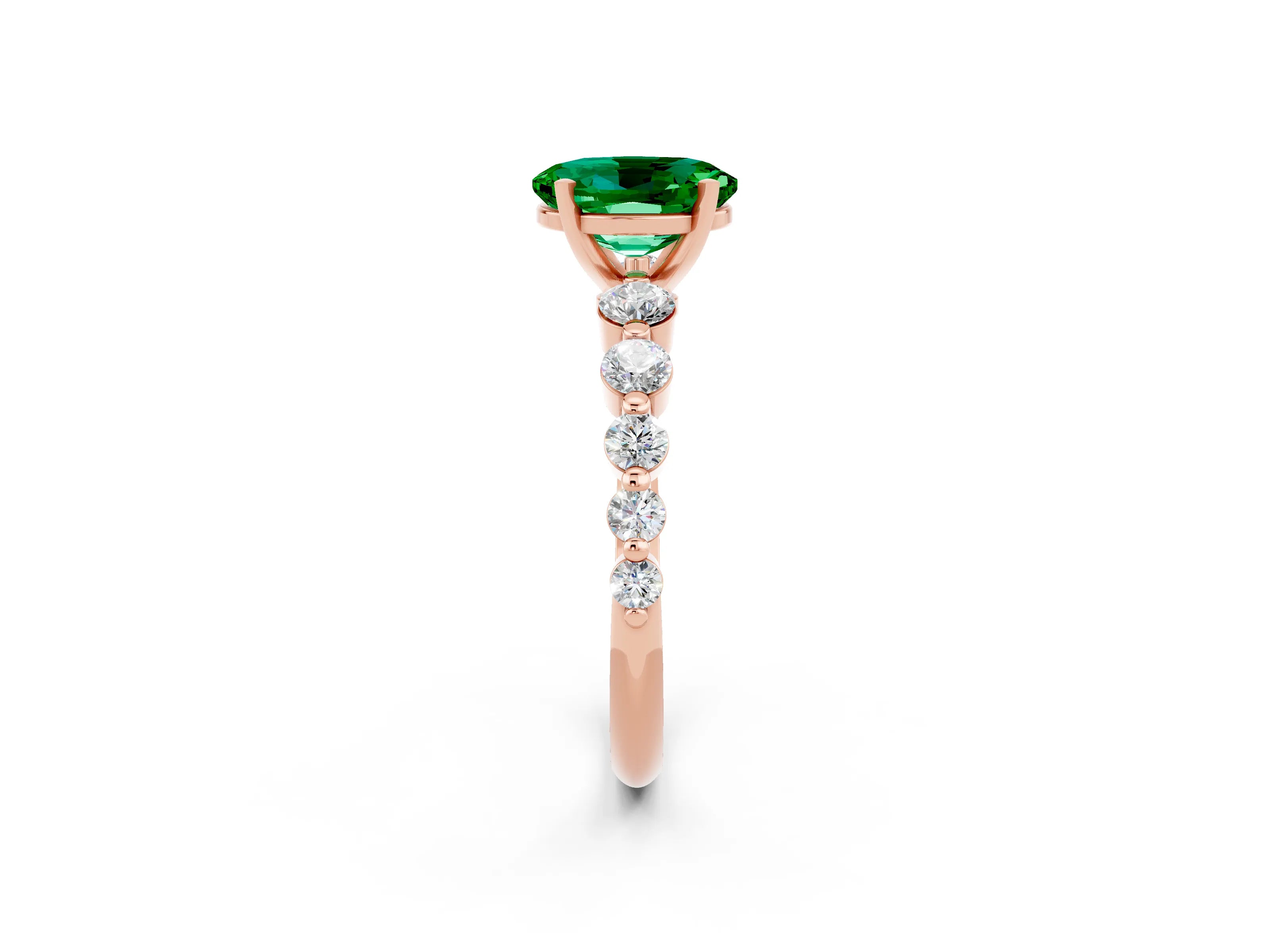 Rose gold Oval Cut Solitaire Emerald Ring with Pave Band and Four-Prong Setting_2