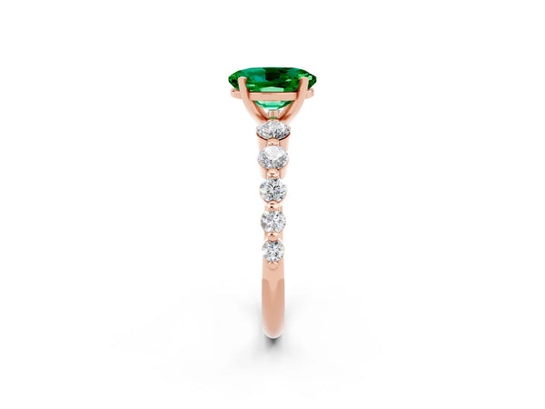 Rose gold Oval Cut Solitaire Emerald Ring with Pave Band and Four-Prong Setting