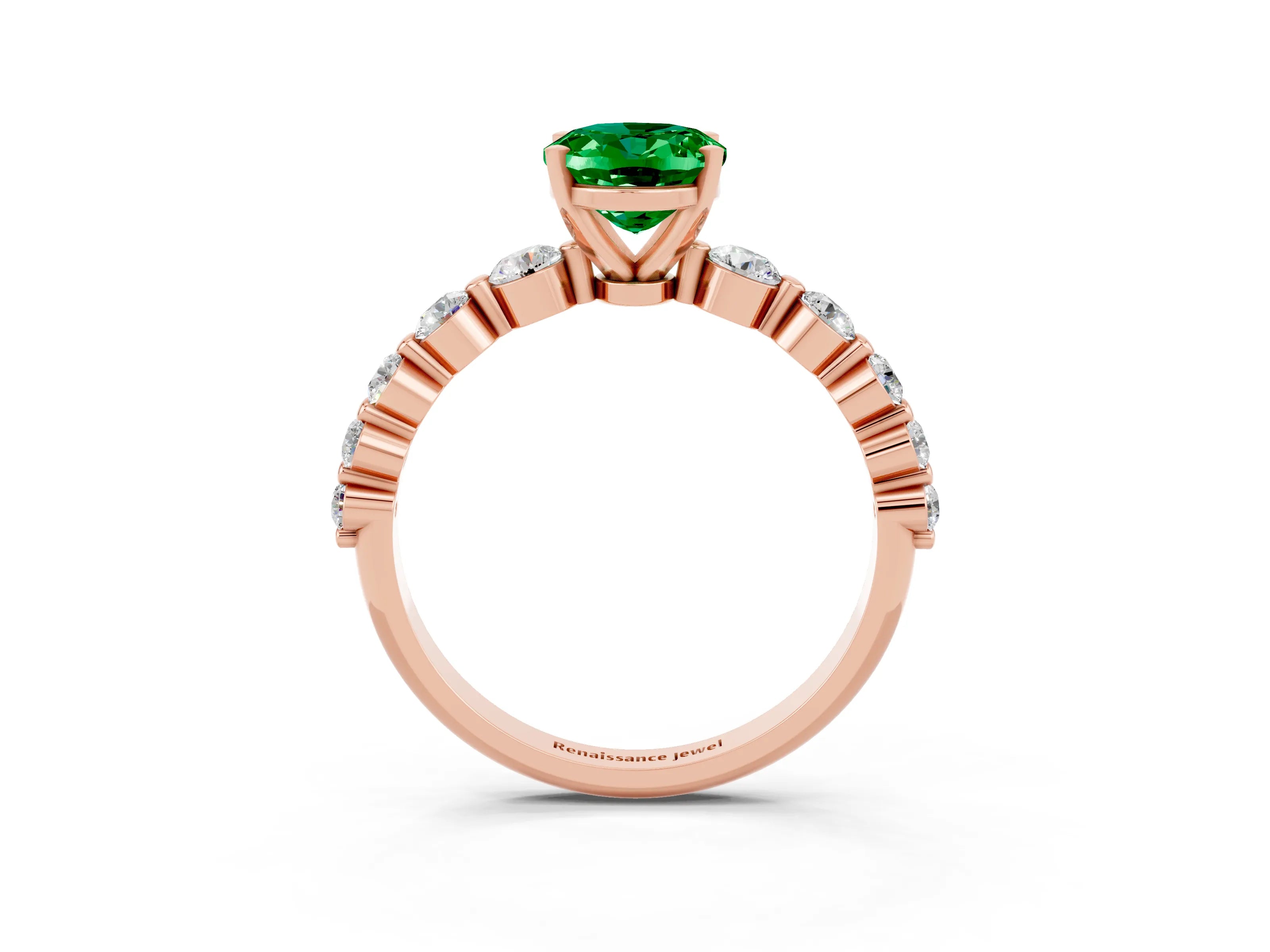 Rose gold Oval Cut Solitaire Emerald Ring with Pave Band and Four-Prong Setting_3