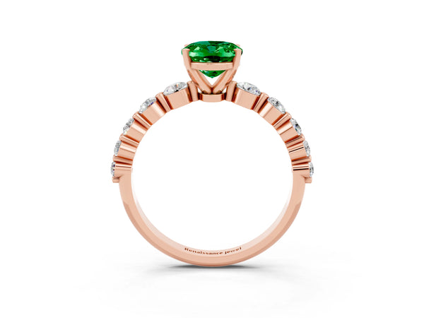 Rose gold Oval Cut Solitaire Emerald Ring with Pave Band and Four-Prong Setting