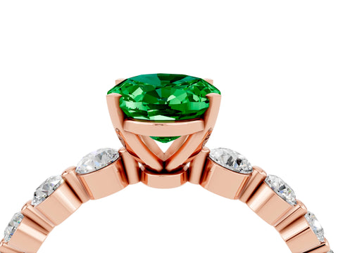 Rose gold Oval Cut Solitaire Emerald Ring with Pave Band and Four-Prong Setting_4
