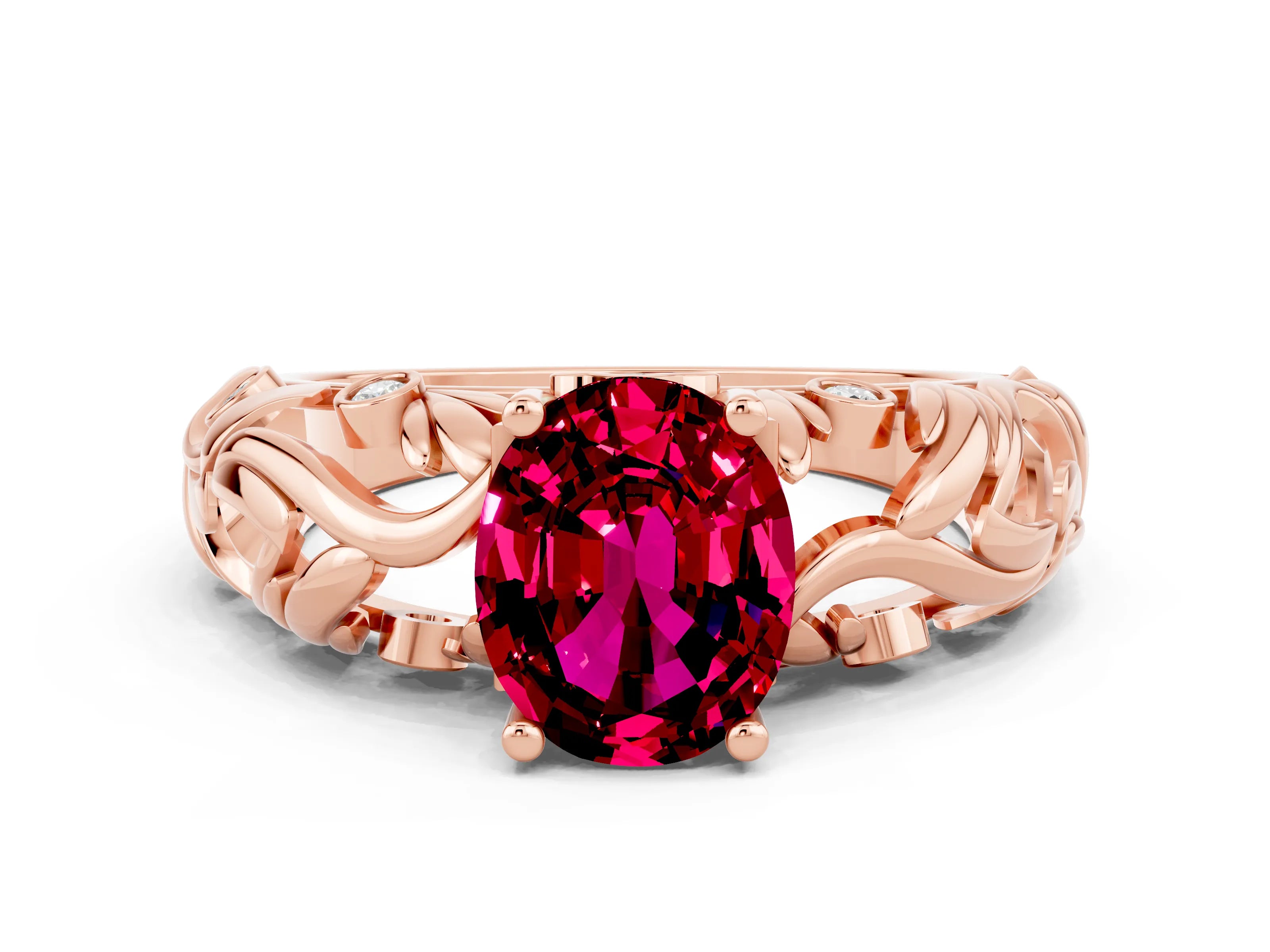 Rose gold Oval Cut Solitaire Garnet Leaf-Inspired Vine Band Ring with Prong Setting