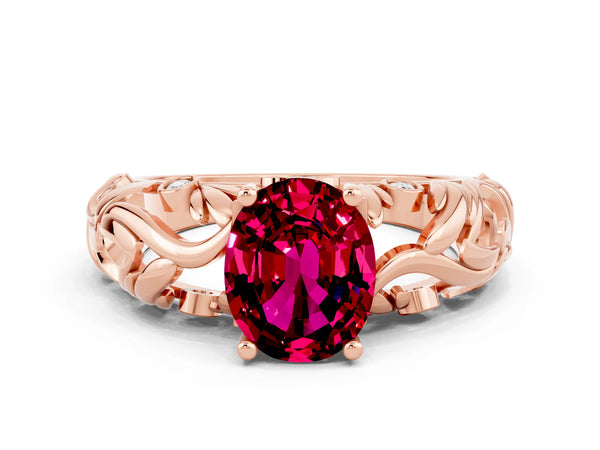 Rose gold Oval Cut Solitaire Garnet Leaf-Inspired Vine Band Ring with Prong Setting
