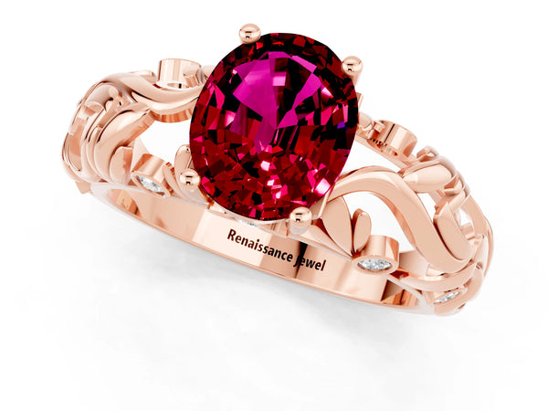 Rose gold Oval Cut Solitaire Garnet Leaf-Inspired Vine Band Ring with Prong Setting