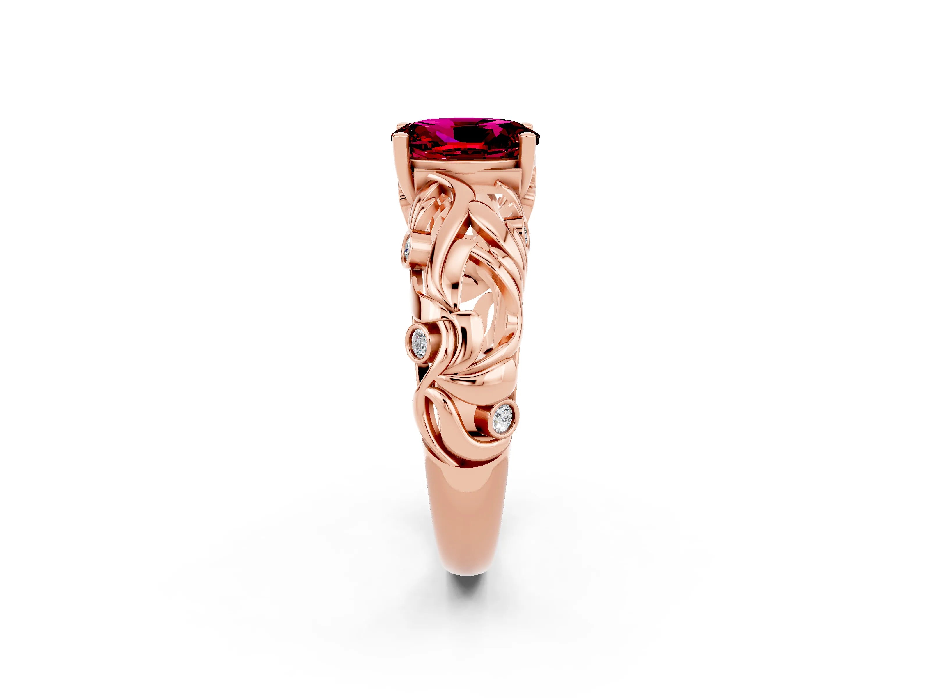 Rose gold Oval Cut Solitaire Garnet Leaf-Inspired Vine Band Ring with Prong Setting_2